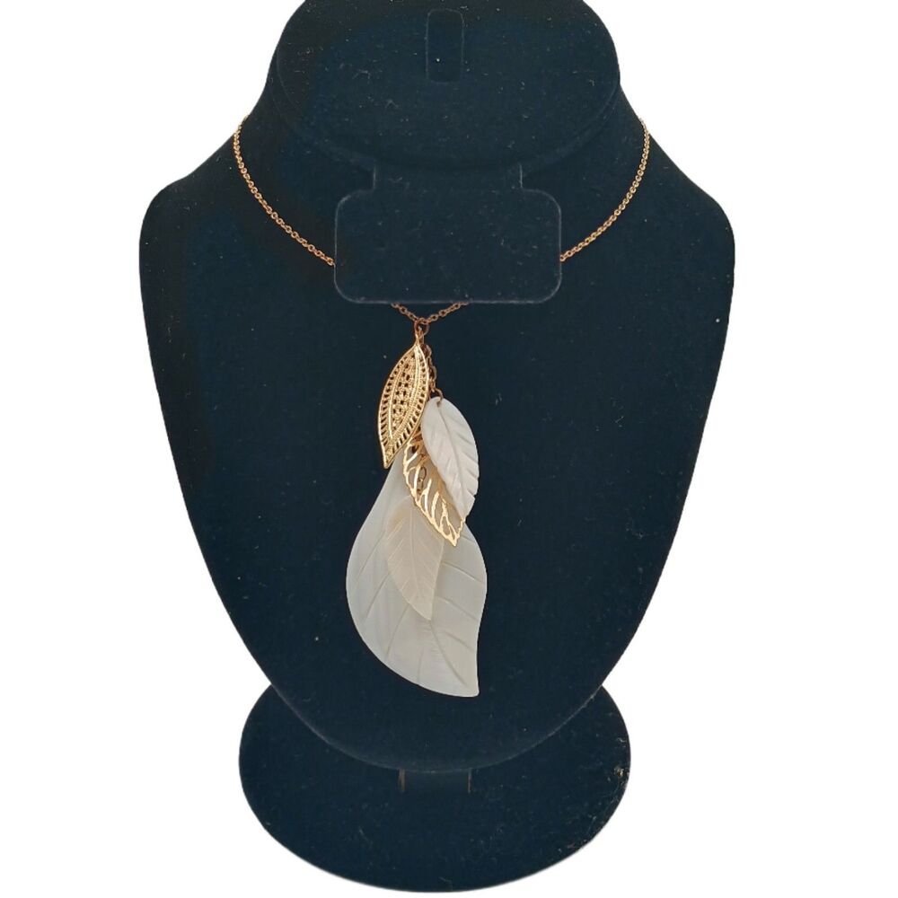 Gold Tone Filigree Feather Pendant Necklace 26” Cable White Leaf Charms Boho
